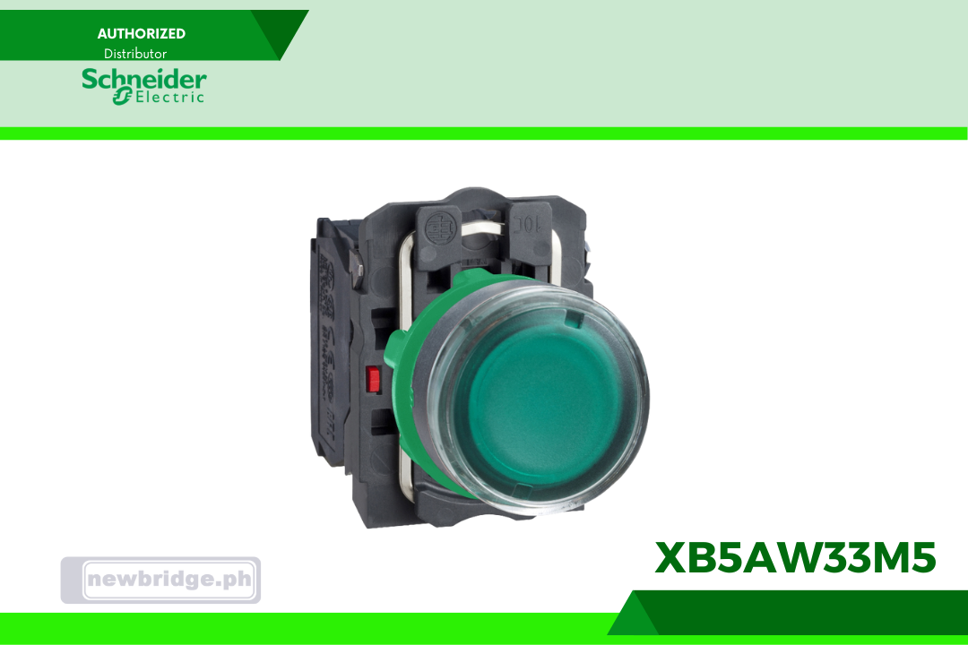 XB5AW33M5, Harmony XB5, Illuminated push button, plastic, flush, green, Ø22, spring return, 230...240 V AC, 1 NO + 1 NC