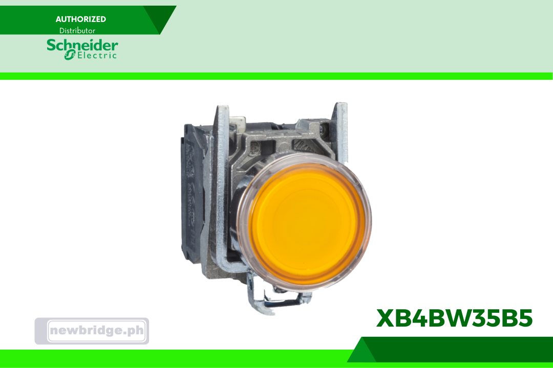 XB4BW35B5- Harmony, Illuminated push button, metal, flush, orange, Ø22, spring return, 1 NO + 1 NC 24 V AC/DC