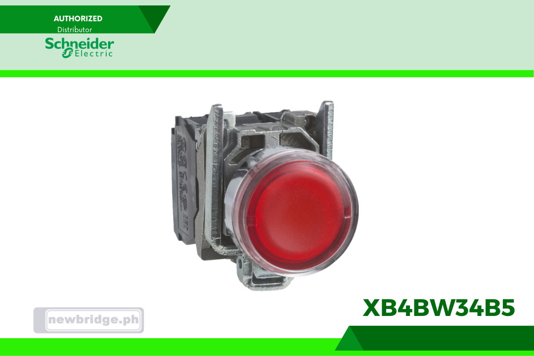 XB4BW34B5, Harmony XB4, Illuminated push button, metal, flush, red, Ø22, spring return, 1 NO + 1 NC 24 V AC/DC