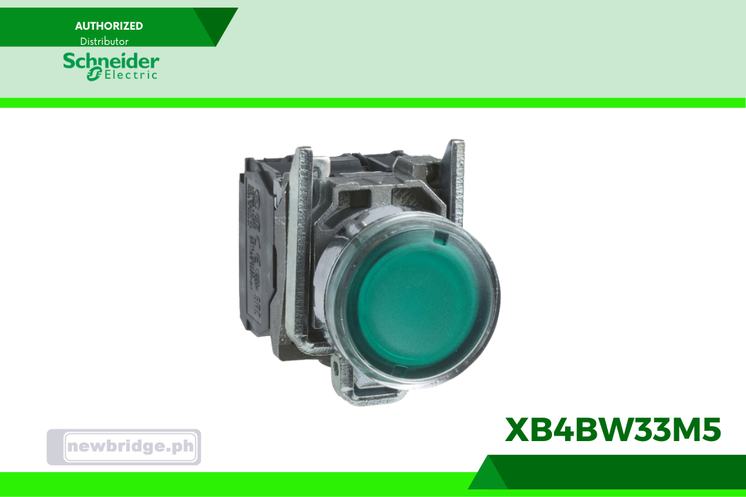 XB4BW33M5- Harmony, Illuminated push button, metal, flush, green, Ø22, spring return, 230...240 V AC, 1 NO + 1 NC