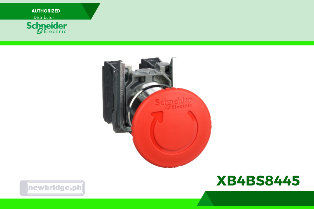 XB4BS8445, Harmony XB4, Emergency stop switching off, metal, red mushroom, Ø40, Ø22, trigger latching turn to release, 1 NO + 1 NC