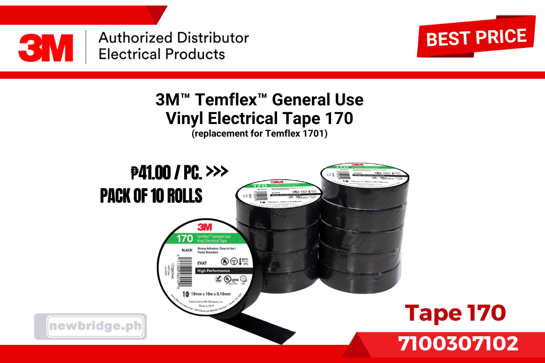 3M Electrical Tape 170, 19mm x 16m x 0.18mm, flame resistant, strong adhesion - Newbridge 3M Tape 170 Black, 10 Roll/Pack